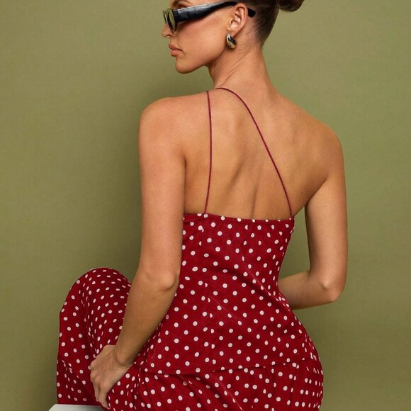 Burgundy Women's Polka Dot Print Sleeveless Top And Wide Leg Pants Set - Picture 5 of 7